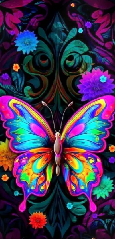 Colorful neon butterfly with floral background.