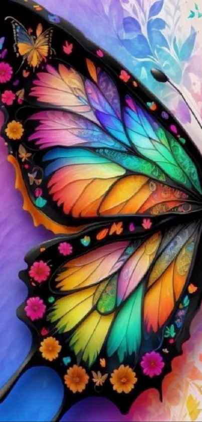 Vibrant butterfly with colorful patterns and floral details on wings.