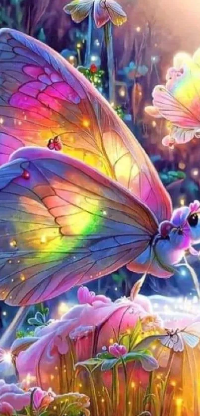 Colorful butterfly art in a magical garden setting.