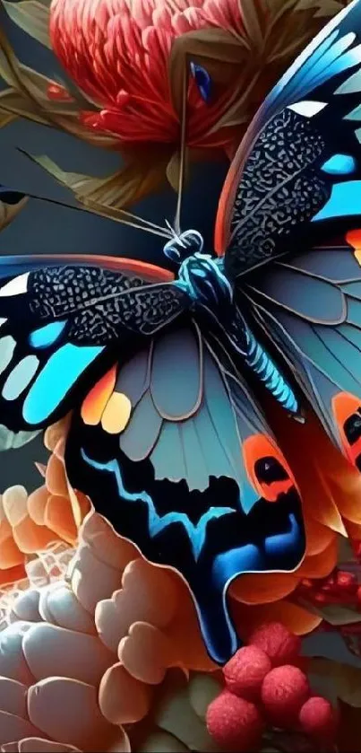 Intricate butterfly with floral backdrop in vivid colors for mobile wallpaper.