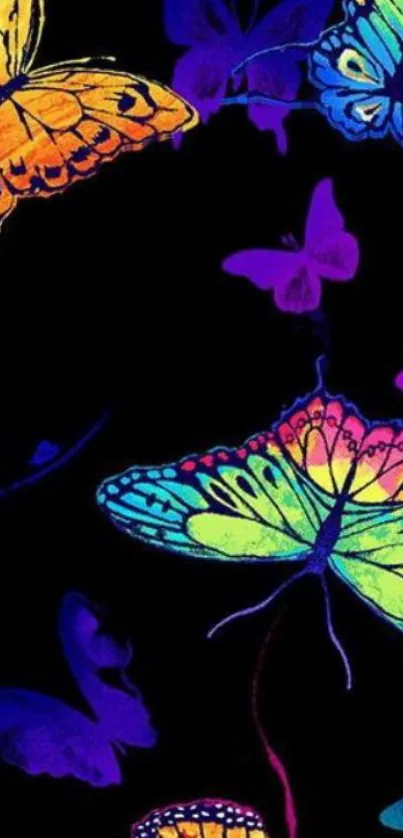 Vibrant neon butterflies on black background.