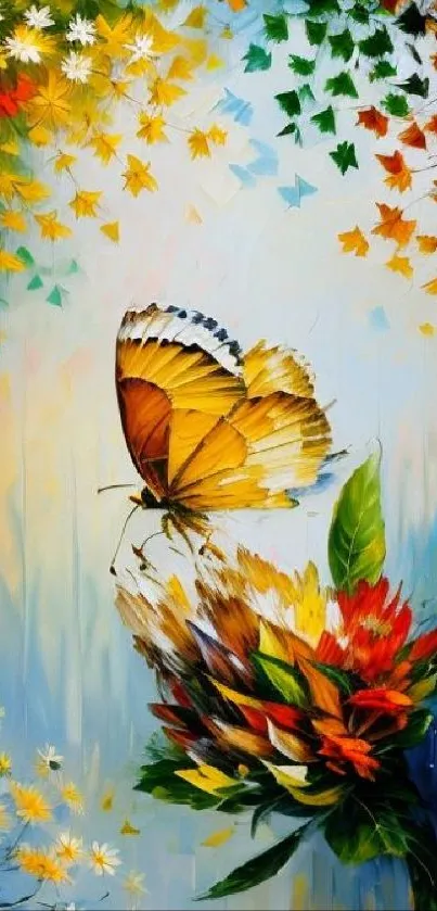 Colorful butterfly with flowers and leaves art wallpaper.