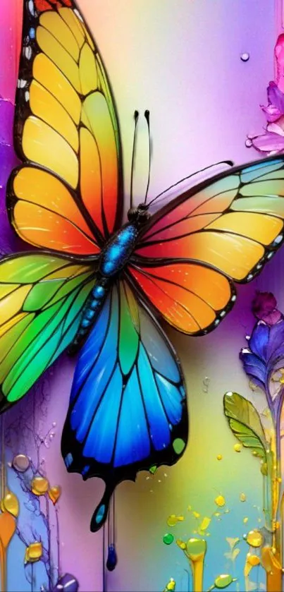 Vibrant butterfly with abstract background in rainbow colors.