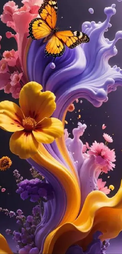 Vibrant splash of purple and yellow with butterfly and flowers.
