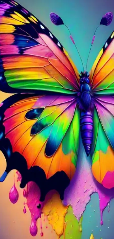 Vibrant butterfly art with dripping rainbow colors.
