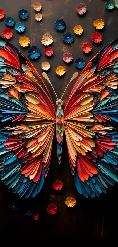 Colorful paper quilling butterfly art on a black background with vibrant flowers.