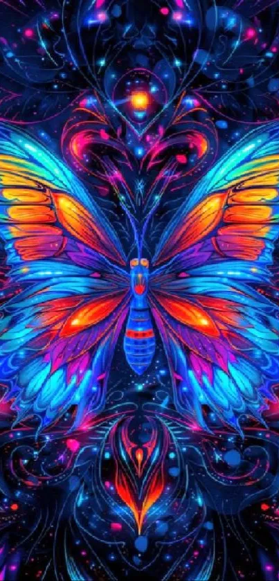 Vibrant neon butterfly art mobile wallpaper with colorful abstract design.