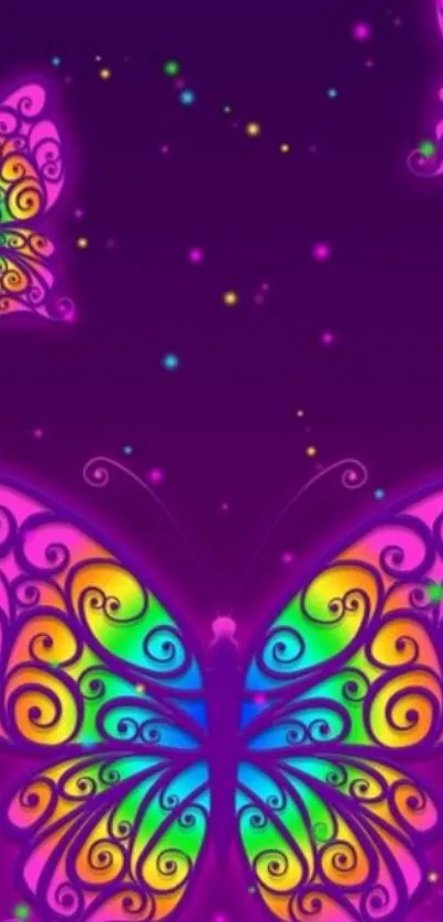 Colorful butterfly wallpaper with purple background.