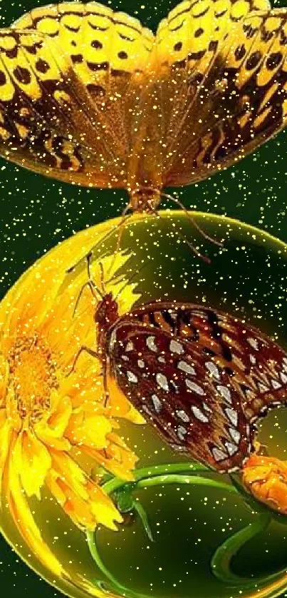 Yellow butterfly on a floral globe with dark green background.