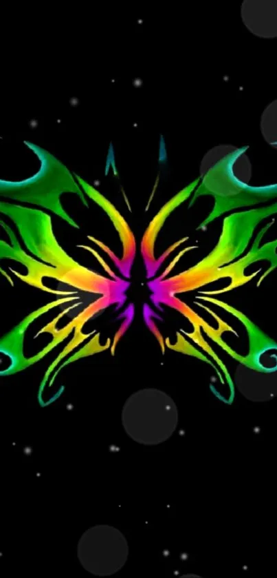 Vibrant neon butterfly on a black background, digital art.