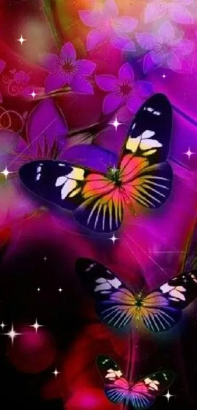 Vibrant purple butterfly and floral mobile wallpaper.