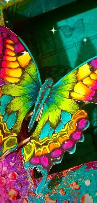 Vibrant butterfly with colorful wings on a teal background.