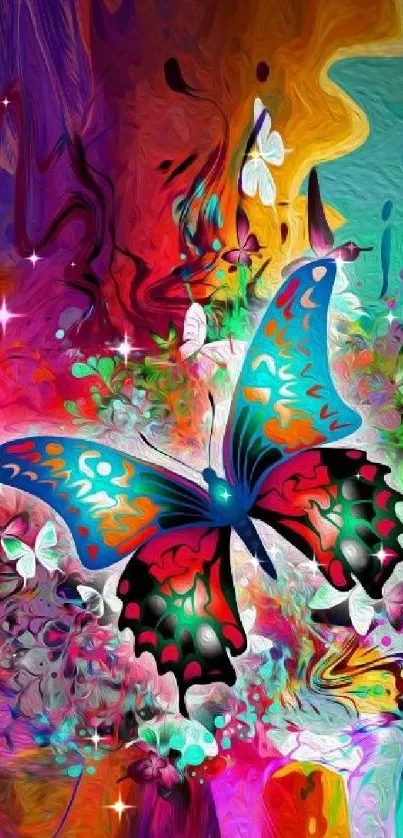 Vibrant, abstract butterfly in colorful art wallpaper design.