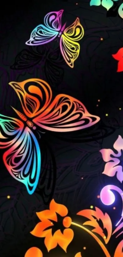 Colorful butterfly wallpaper with vibrant patterns on a black background.