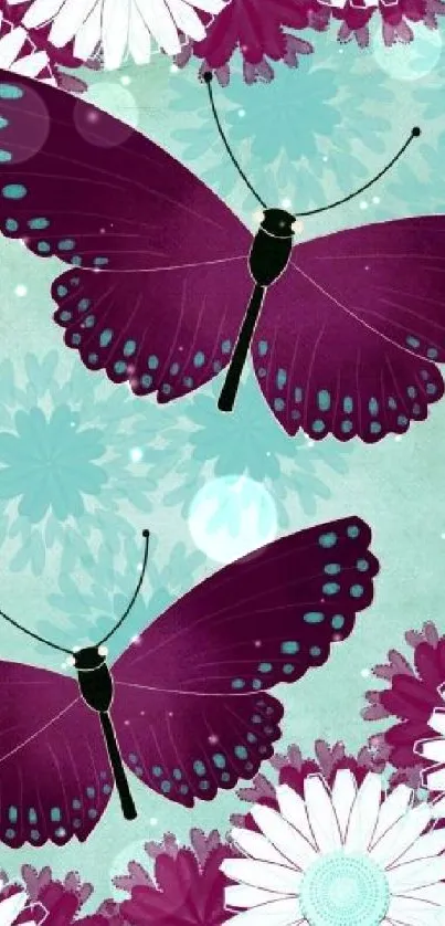 Artistic wallpaper with purple butterflies and white flowers on a teal background.