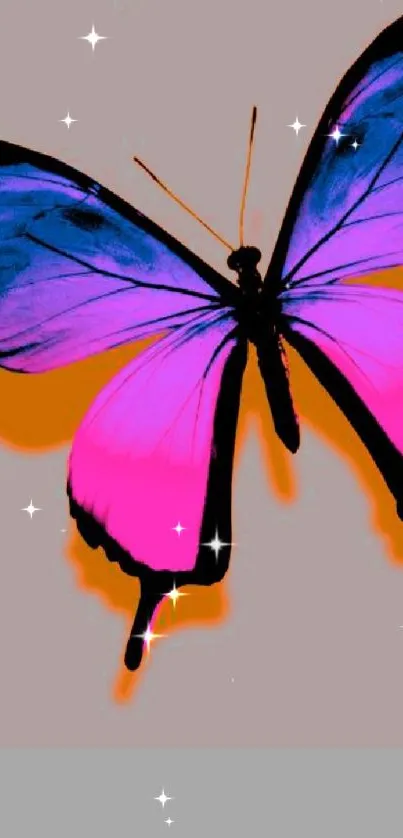 Colorful butterfly art with pink and blue wings on a mobile wallpaper.