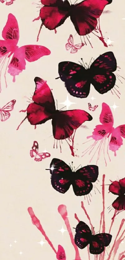 Vibrant pink and black butterflies on beige.