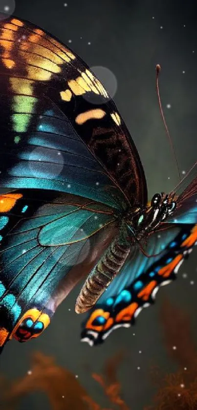 Colorful butterfly art wallpaper with teal and orange hues.