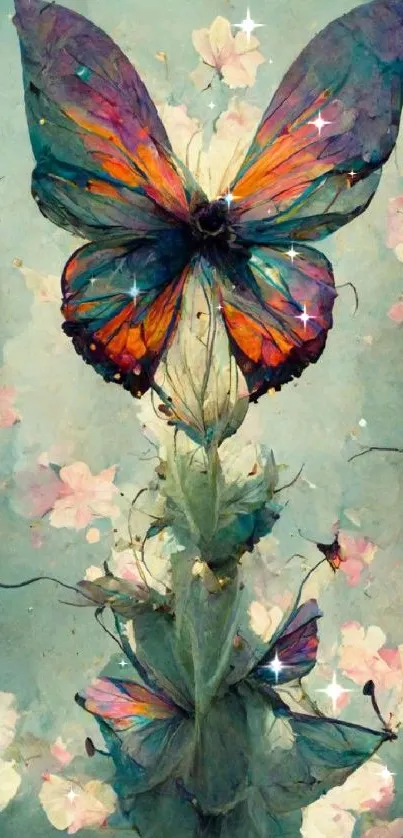 Vibrant butterfly with pastel flowers creating an artistic mobile wallpaper.