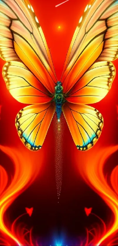 Vibrant butterfly with glowing red and orange hues, set against a dark background.