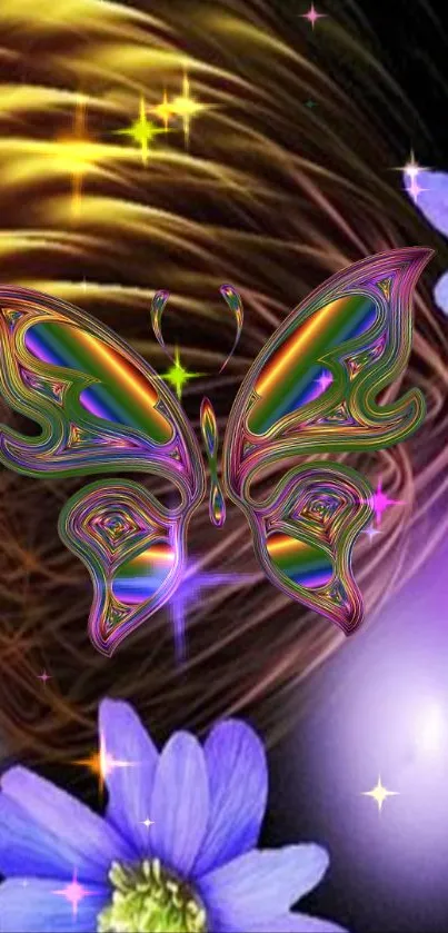 Colorful cosmic butterfly with purple flowers wallpaper.