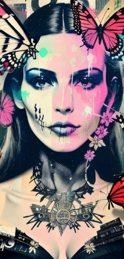 Artistic butterfly-themed wallpaper with vibrant colors and a mysterious woman.