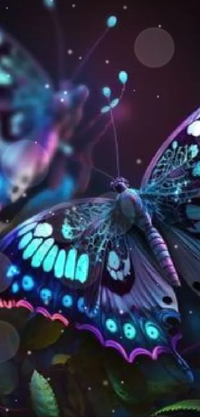 Vibrant butterfly art wallpaper with dark purple tones.