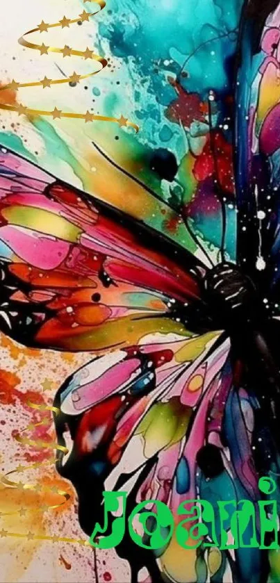 Vibrant abstract butterfly with multicolored wings on a mobile wallpaper.