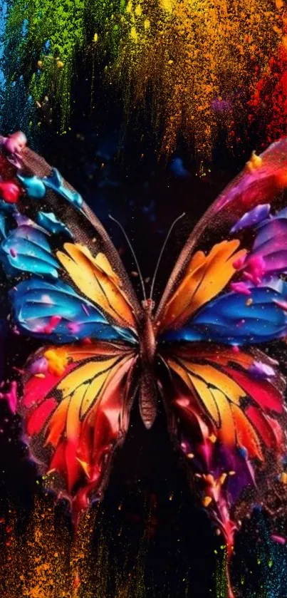 Colorful butterfly with vibrant splashes on a dark background.