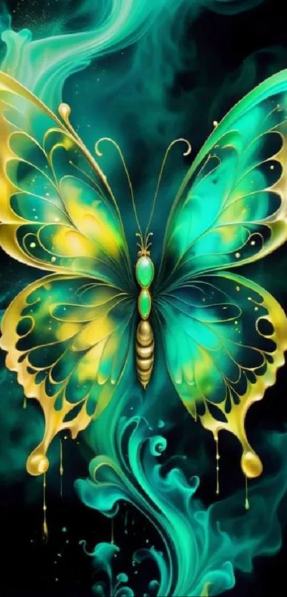 Vibrant butterfly with green and yellow wings on a mystical background.