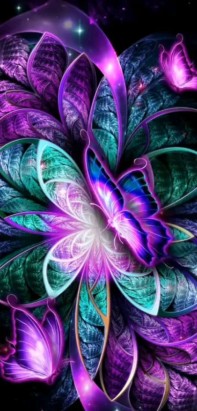 Vibrant purple and blue butterfly floral art wallpaper.