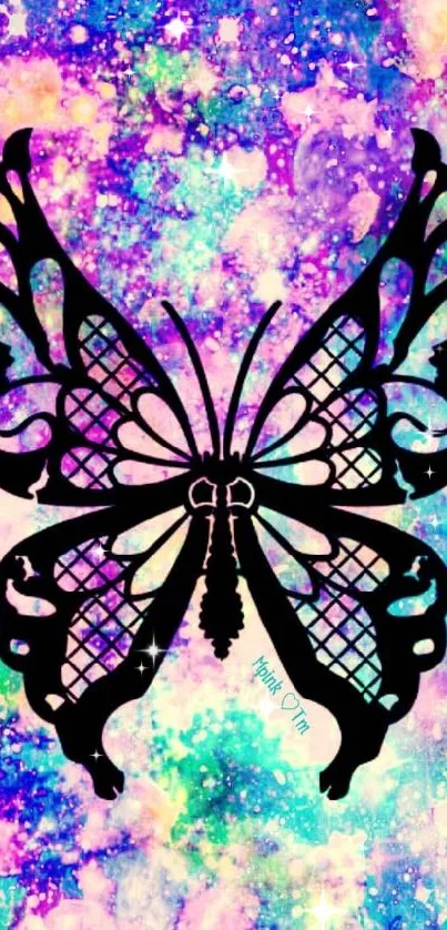 Black butterfly on vibrant galaxy background wallpaper.