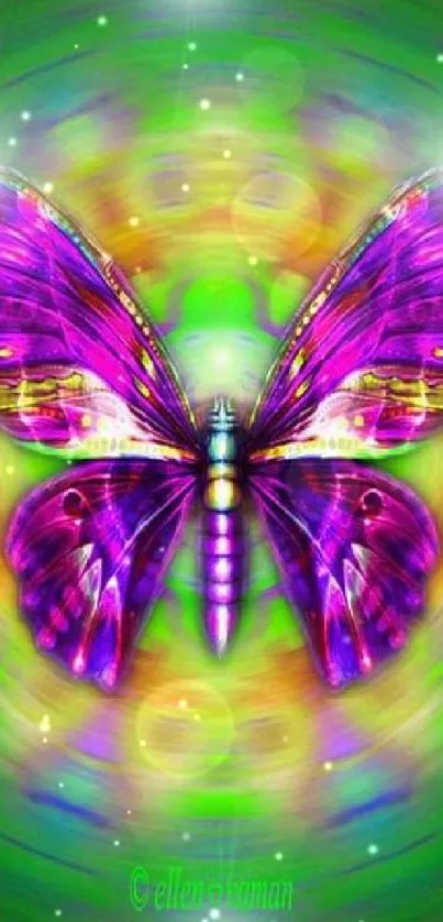 Vibrant purple butterfly on a green background in digital art.