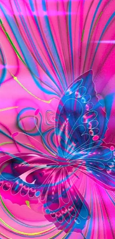 Vibrant abstract butterfly design with pink and blue swirls on wallpaper.