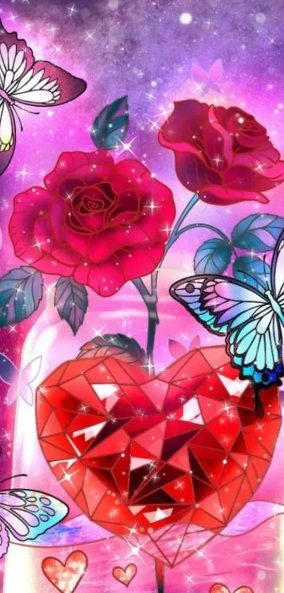 Colorful wallpaper with butterflies, roses, and a sparkling heart.