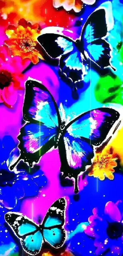 Colorful wallpaper with butterflies and flowers in vibrant hues.