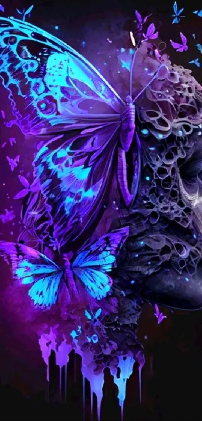 Vibrant butterfly faced wallpaper in shades of blue and purple.