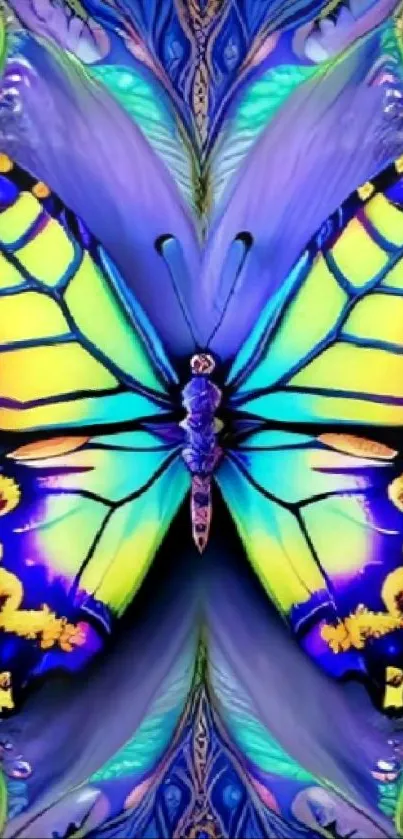 Colorful butterfly with vibrant blue wings on mobile wallpaper.