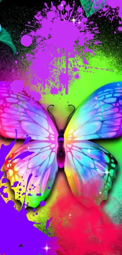 Vibrant butterfly with colorful splashes on a mobile wallpaper.