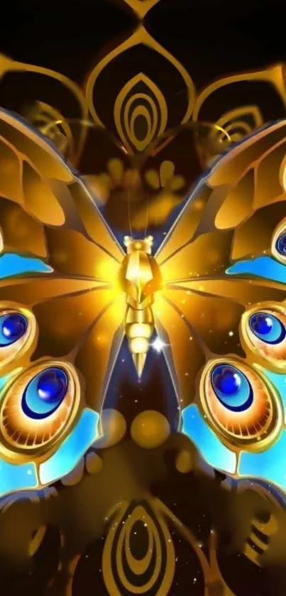 Vibrant butterfly art wallpaper with gold and blue hues.