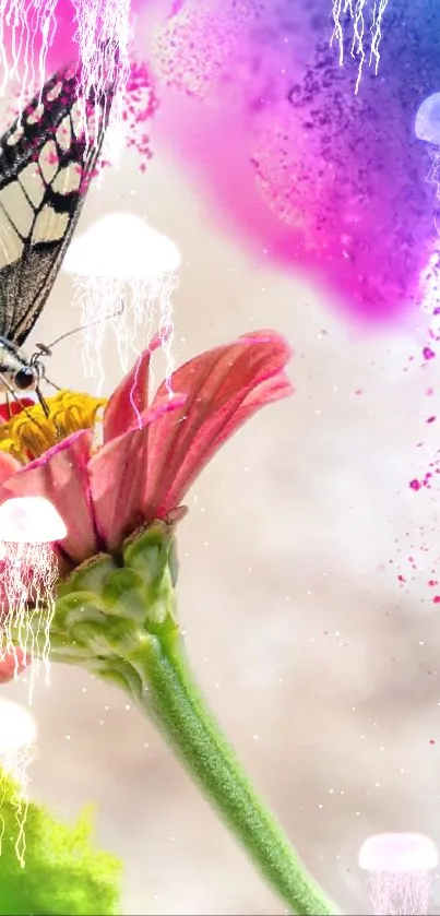 Butterfly on vibrant flower with colorful artistic splashes.