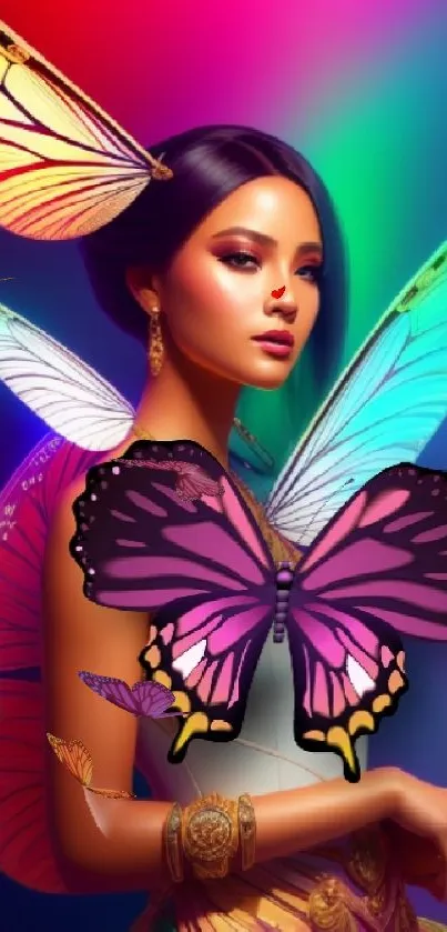 Vibrant butterfly art with elegant woman and colorful background.