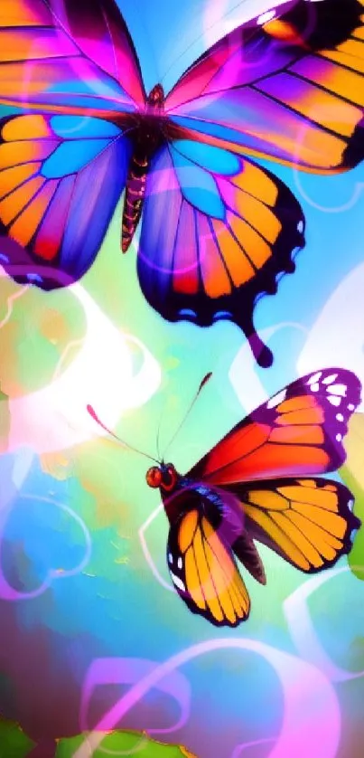 Bright colorful butterflies in a vibrant sky with leaves.