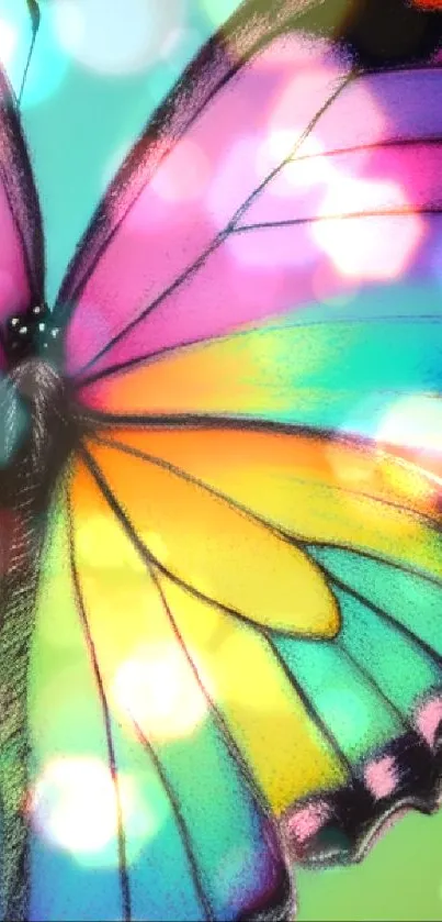 Vibrant rainbow-colored butterfly art wallpaper with intricate patterns.