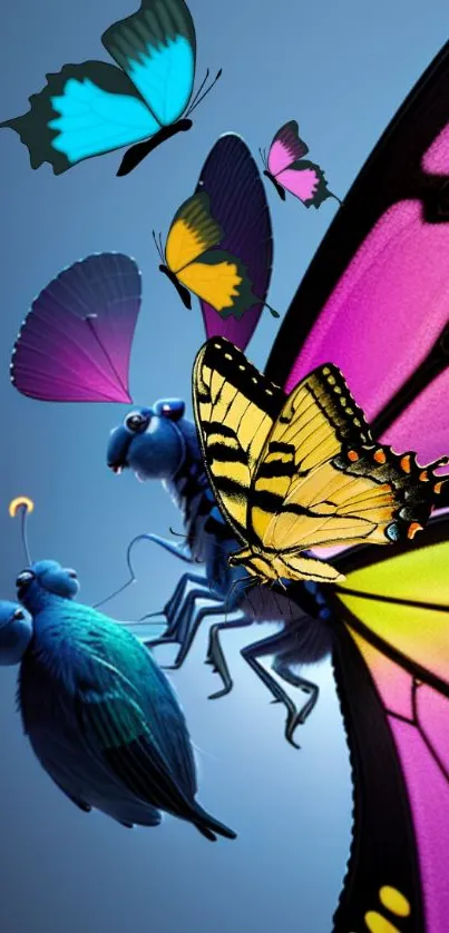 Vibrant butterflies in artistic design with colorful wings on a blue background.