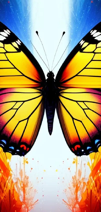 Vibrant butterfly artwork with bright yellow wings and colorful surroundings.