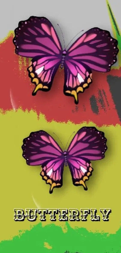 Vibrant wallpaper with butterflies and lush green background.