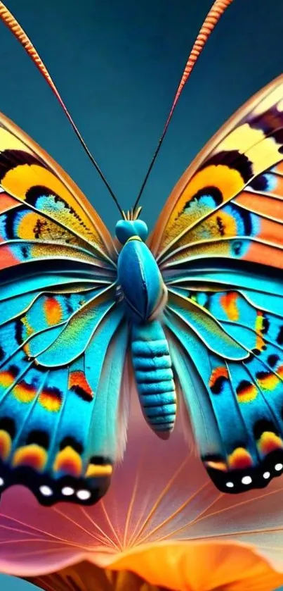 Vibrant butterfly with colorful wings on a flower.