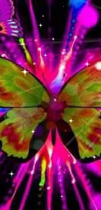 Vibrant purple butterfly with neon abstract background.