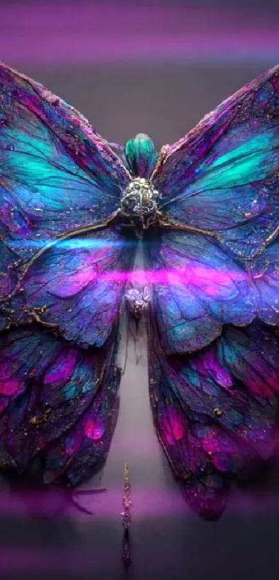 Intricate vibrant butterfly art with purple and teal colors on a mobile wallpaper.